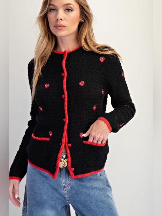 easel Sweaters - 111. EASEL Black strawberry red cardigan
